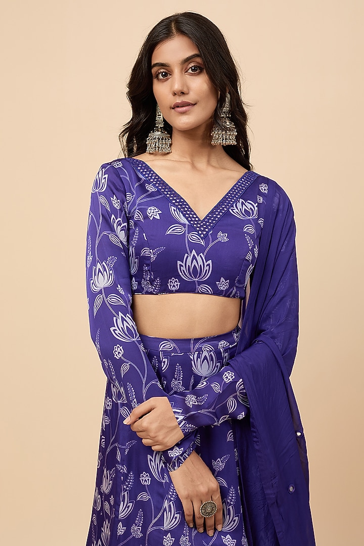 Blue Organza Satin Floral Printed Lehenga Set by Essay by Sumedha Agrawal at Pernia's Pop Up Shop