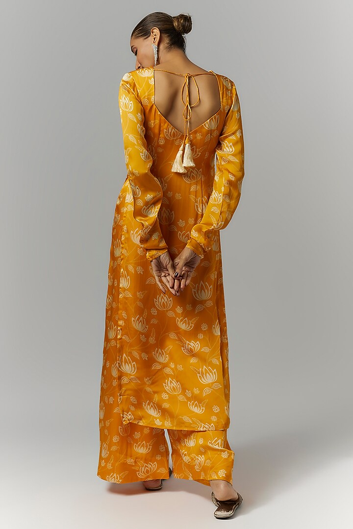 Yellow Organza Satin Floral Printed & Hand Embroidered Kurta Set by Essay by Sumedha Agrawal at Pernia's Pop Up Shop