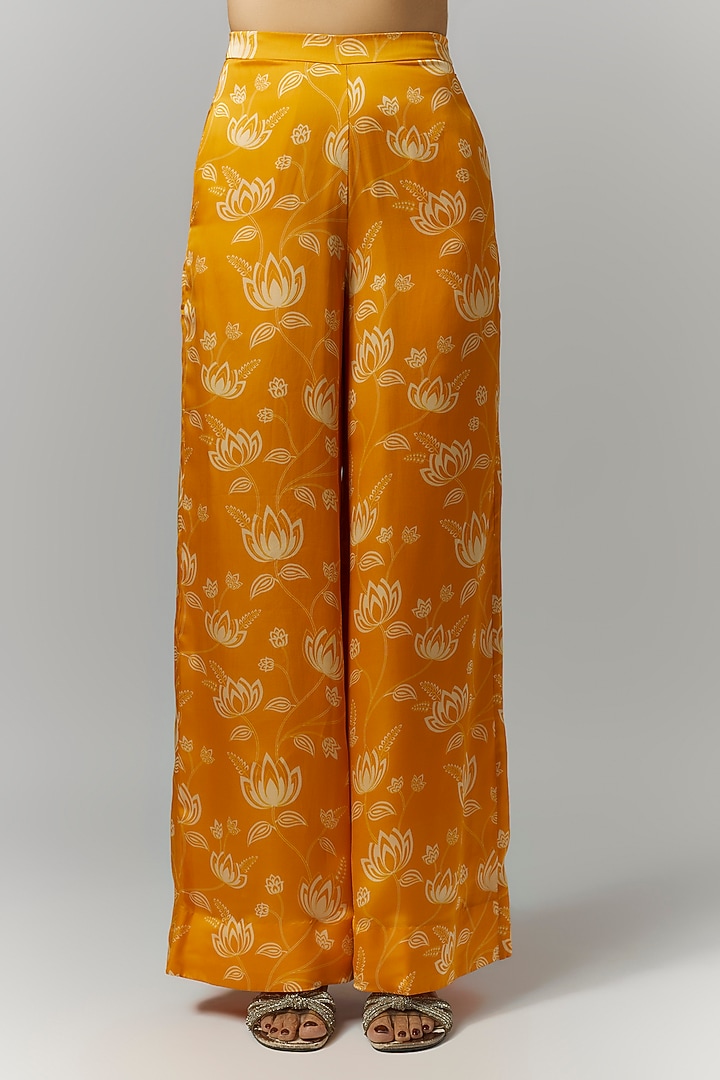 Yellow Organza Satin Floral Printed & Hand Embroidered Kurta Set by Essay by Sumedha Agrawal at Pernia's Pop Up Shop
