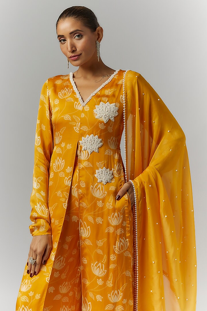 Yellow Organza Satin Floral Printed & Hand Embroidered Kurta Set by Essay by Sumedha Agrawal at Pernia's Pop Up Shop
