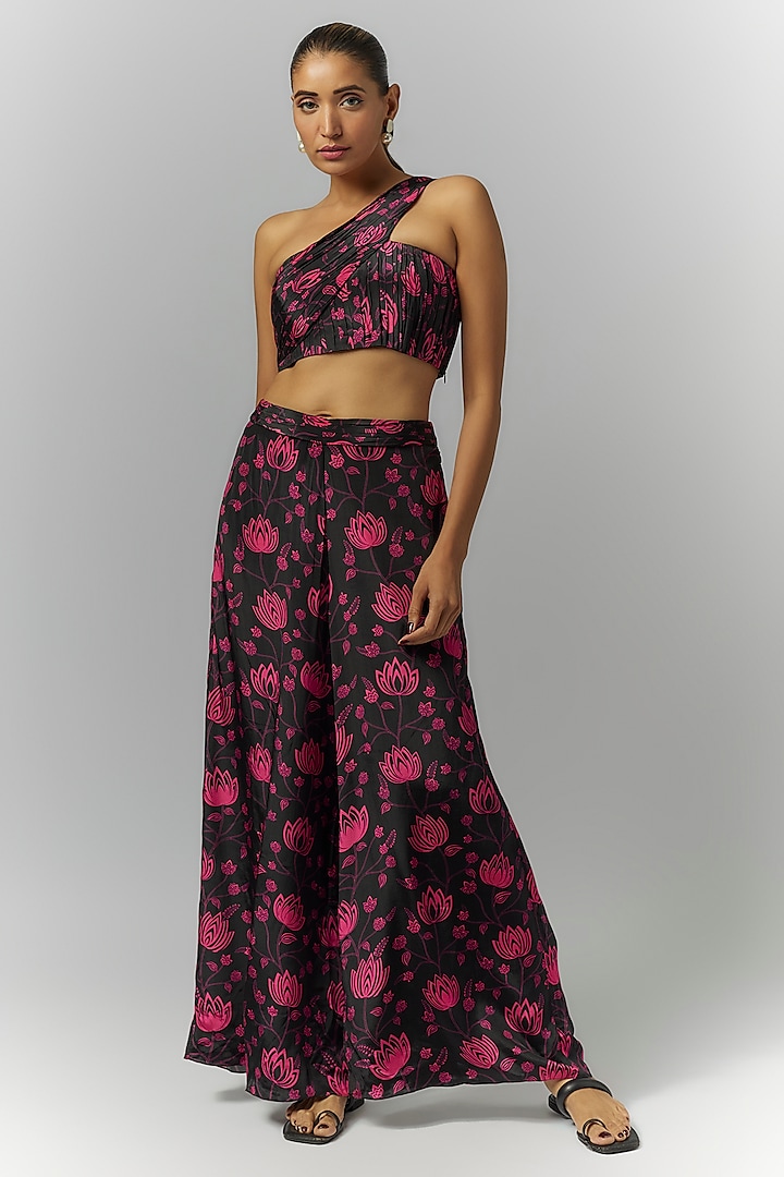 Black Natural Crepe Floral Printed Pant Set by Essay by Sumedha Agrawal at Pernia's Pop Up Shop