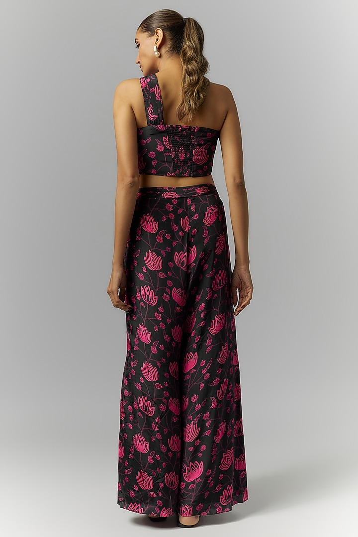 Black Natural Crepe Floral Printed Pant Set by Essay by Sumedha Agrawal at Pernia's Pop Up Shop