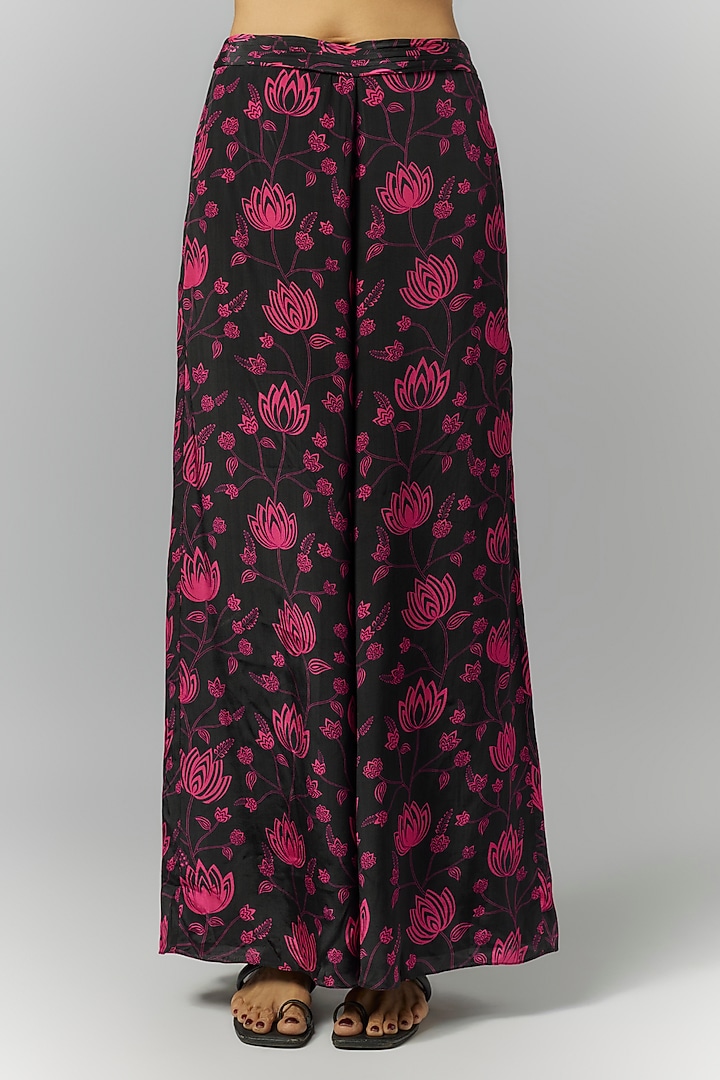 Black Natural Crepe Floral Printed Pant Set by Essay by Sumedha Agrawal at Pernia's Pop Up Shop
