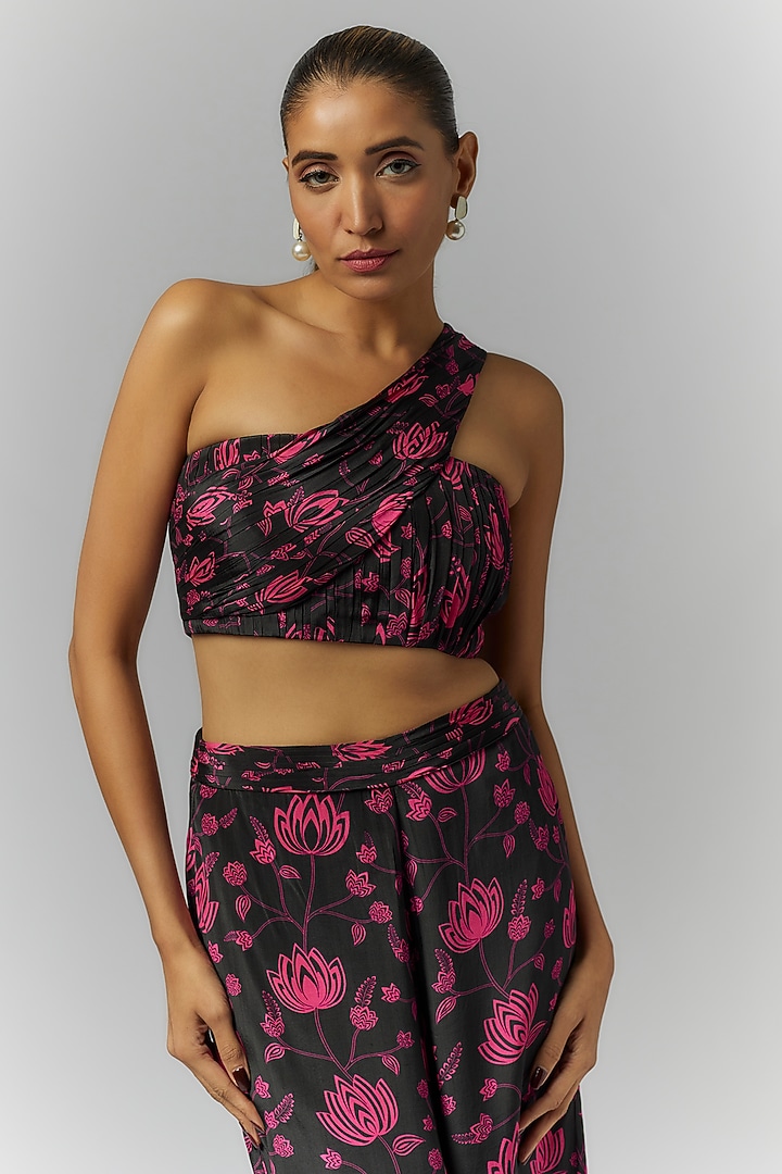 Black Natural Crepe Floral Printed Pant Set by Essay by Sumedha Agrawal at Pernia's Pop Up Shop