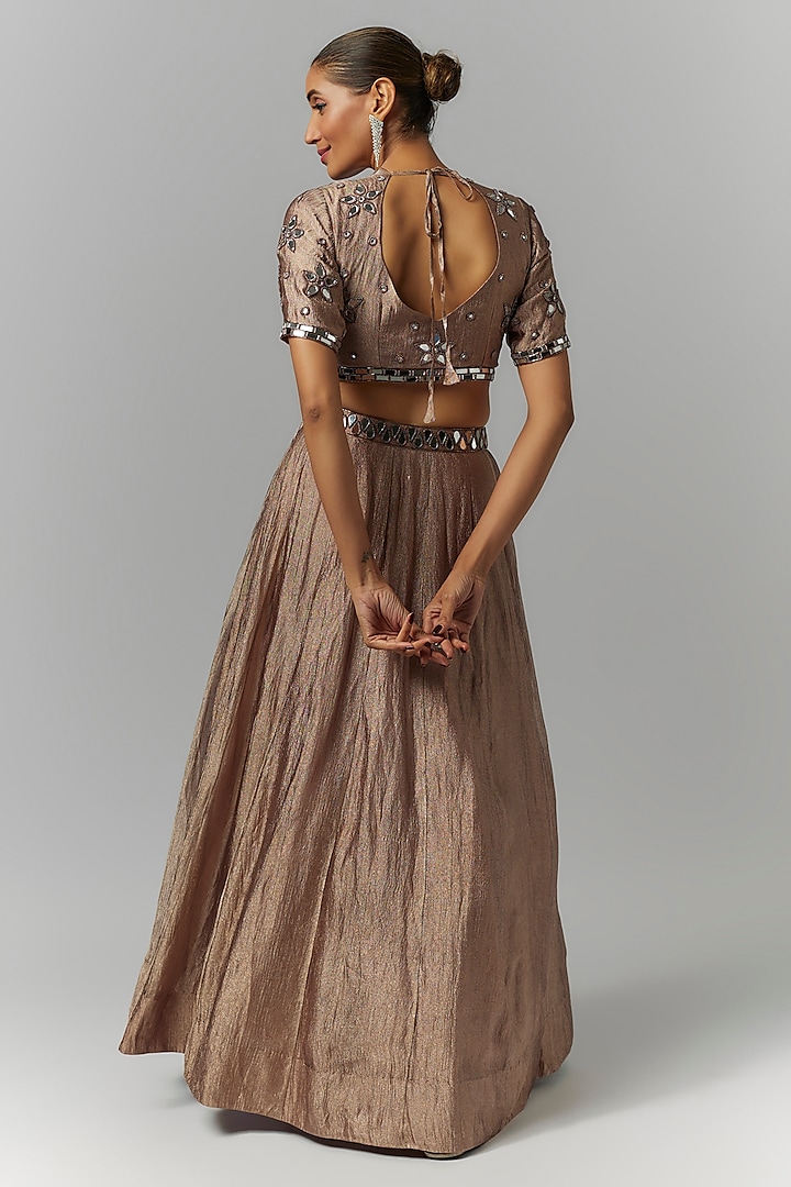 Coffee Brown Silk Crush Tissue Mirror Hand Embroidered Wedding Lehenga Set by Essay by Sumedha Agrawal at Pernia's Pop Up Shop