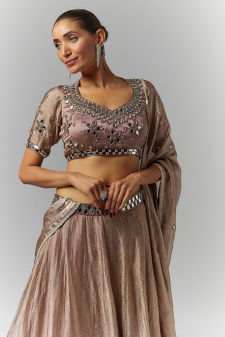 Coffee Brown Silk Crush Tissue Mirror Hand Embroidered Wedding Lehenga Set by Essay by Sumedha Agrawal at Pernia's Pop Up Shop