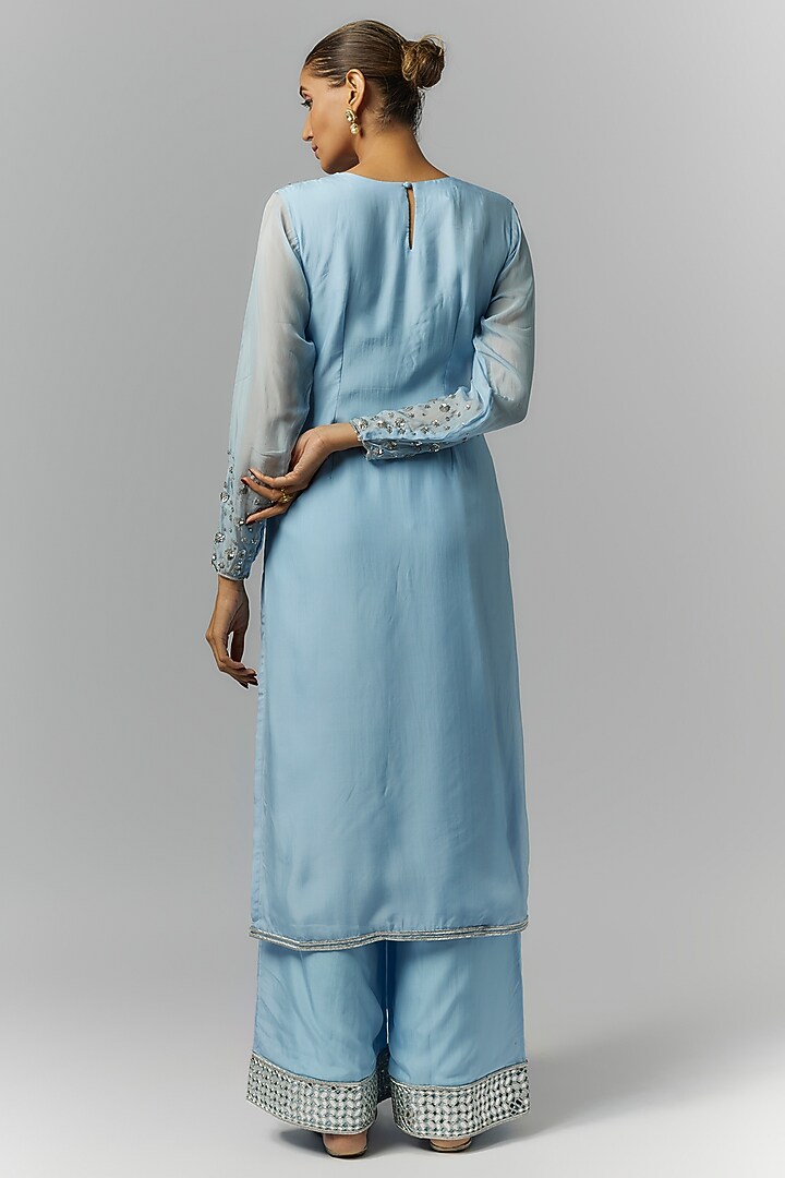Ice Blue Organza Sequin & Mirror Embroidered Kurta Set by Essay by Sumedha Agrawal at Pernia's Pop Up Shop