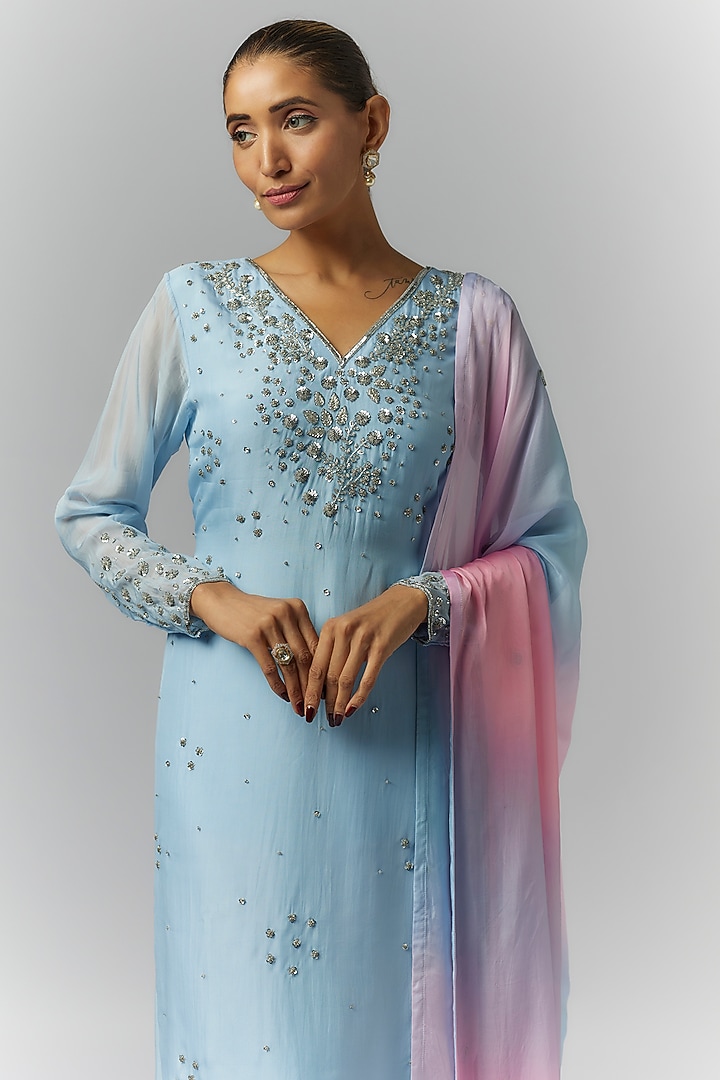 Ice Blue Organza Sequin & Mirror Embroidered Kurta Set by Essay by Sumedha Agrawal at Pernia's Pop Up Shop