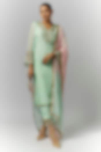 Mint Green Organza Sequins & Mirror Embroidered Kurta Set by Essay by Sumedha Agrawal at Pernia's Pop Up Shop