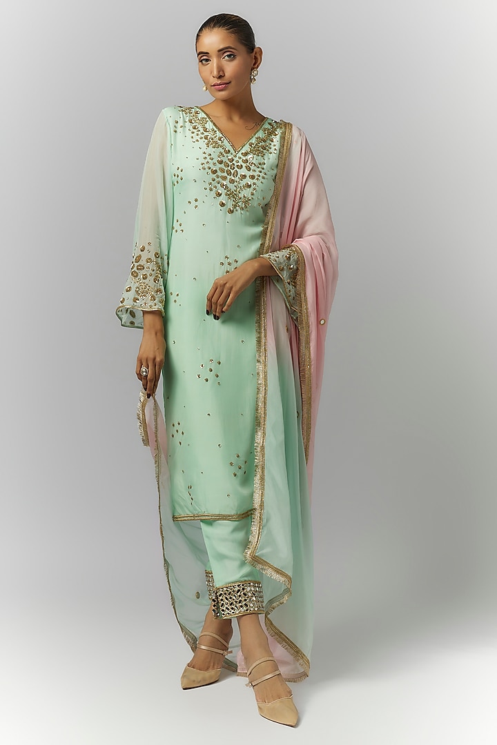 Mint Green Organza Sequins & Mirror Embroidered Kurta Set by Essay by Sumedha Agrawal at Pernia's Pop Up Shop