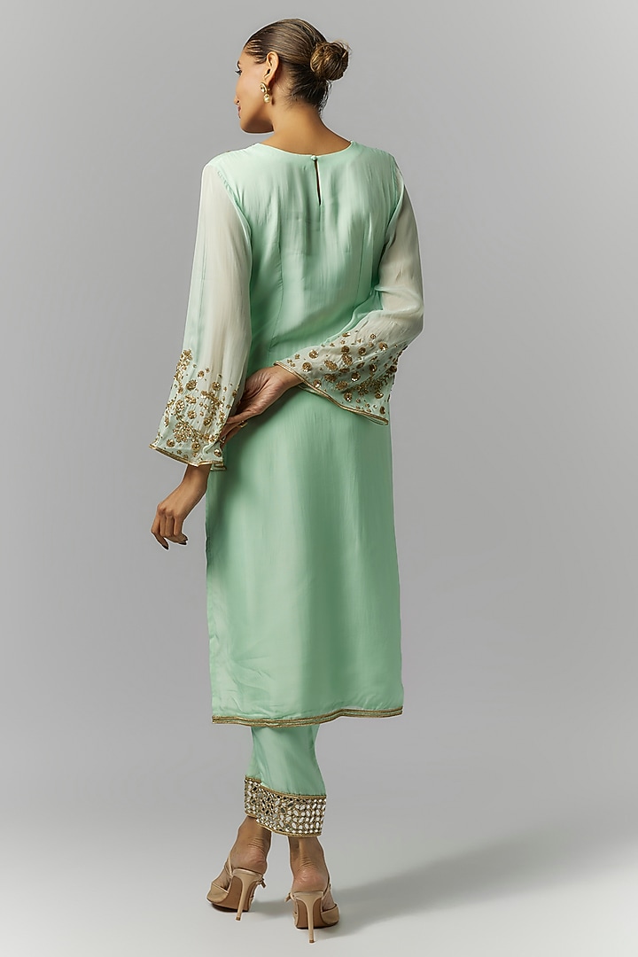 Mint Green Organza Sequins & Mirror Embroidered Kurta Set by Essay by Sumedha Agrawal at Pernia's Pop Up Shop