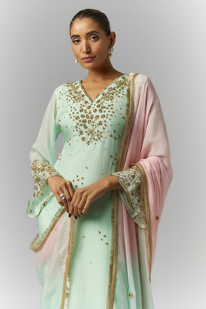 Mint Green Organza Sequins & Mirror Embroidered Kurta Set by Essay by Sumedha Agrawal at Pernia's Pop Up Shop
