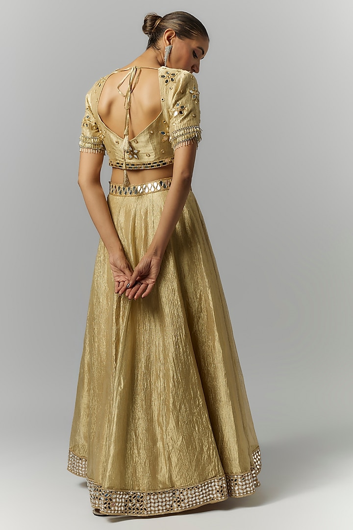 Gold Silk Crush Tissue Mirror Hand Embroidered Wedding Lehenga Set by Essay by Sumedha Agrawal at Pernia's Pop Up Shop