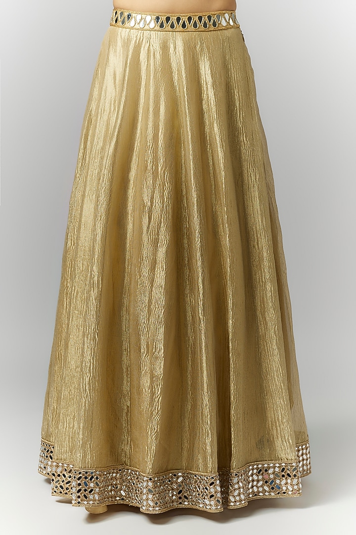 Gold Silk Crush Tissue Mirror Hand Embroidered Wedding Lehenga Set by Essay by Sumedha Agrawal at Pernia's Pop Up Shop