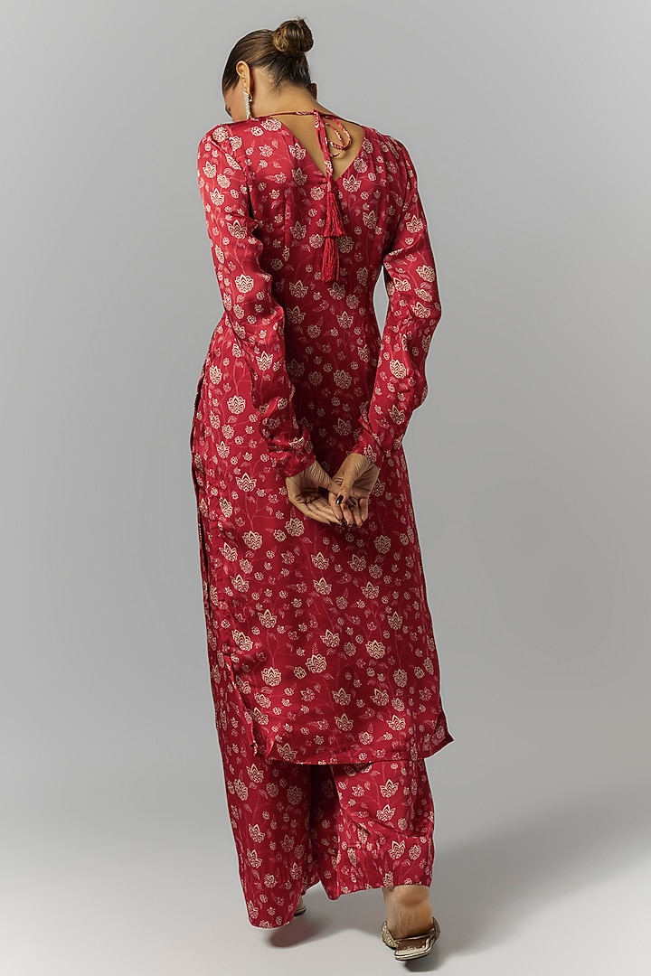 Dark Red Organza Satin Floral Printed & Mirror Hand Embroidered Kurta Set by Essay by Sumedha Agrawal at Pernia's Pop Up Shop
