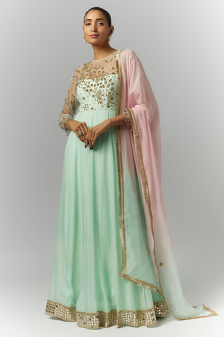 Mint Green Organza & Net Mirror Embroidered Anarkali Set by Essay by Sumedha Agrawal at Pernia's Pop Up Shop