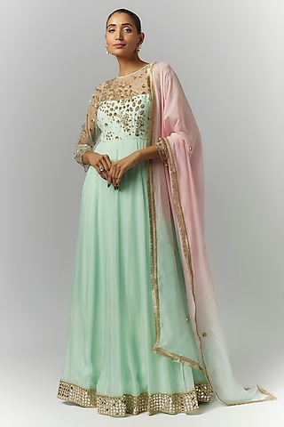 Mint Green Organza & Net Mirror Embroidered Anarkali Set by Essay by Sumedha Agrawal