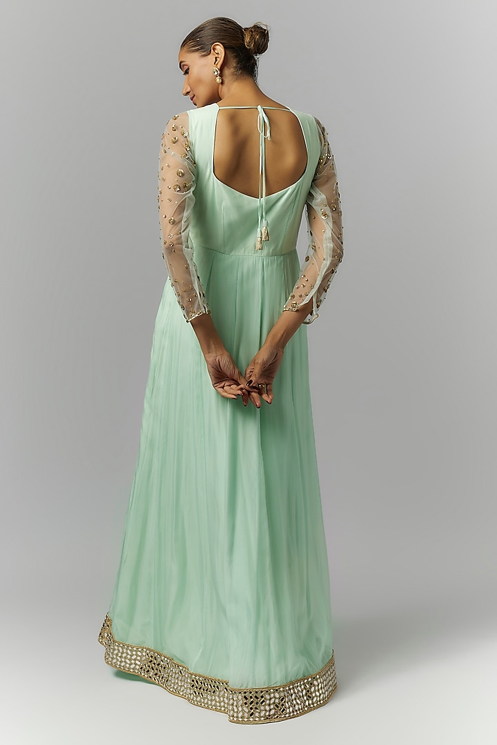 Mint Green Organza & Net Mirror Embroidered Party Wear Anarkali Set by Essay by Sumedha Agrawal at Pernia's Pop Up Shop