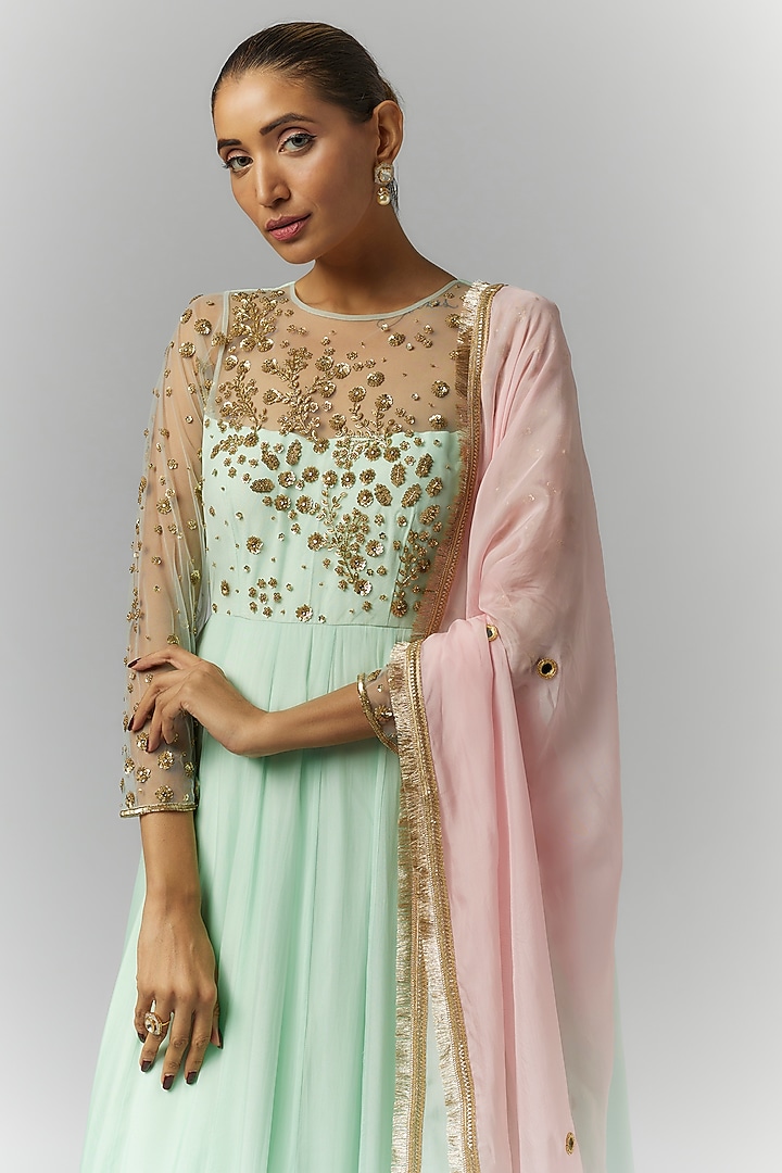 Mint Green Organza & Net Mirror Embroidered Party Wear Anarkali Set by Essay by Sumedha Agrawal at Pernia's Pop Up Shop