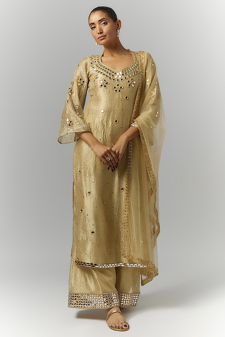 Gold Silk Crush Tissue Mirror Embroidered Kurta Set by Essay by Sumedha Agrawal at Pernia's Pop Up Shop