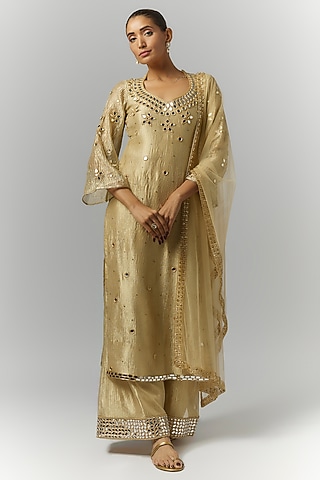 Gold Silk Crush Tissue Mirror Embroidered Kurta Set by Essay by Sumedha Agrawal