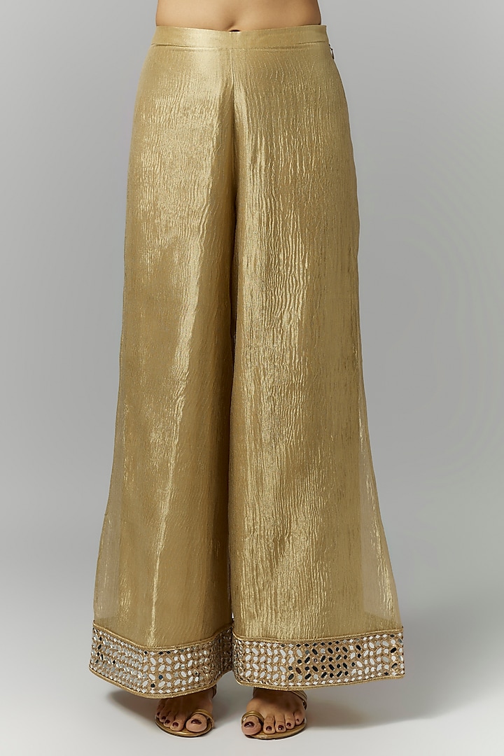 Gold Silk Crush Tissue Mirror Embroidered Kurta Set by Essay by Sumedha Agrawal at Pernia's Pop Up Shop