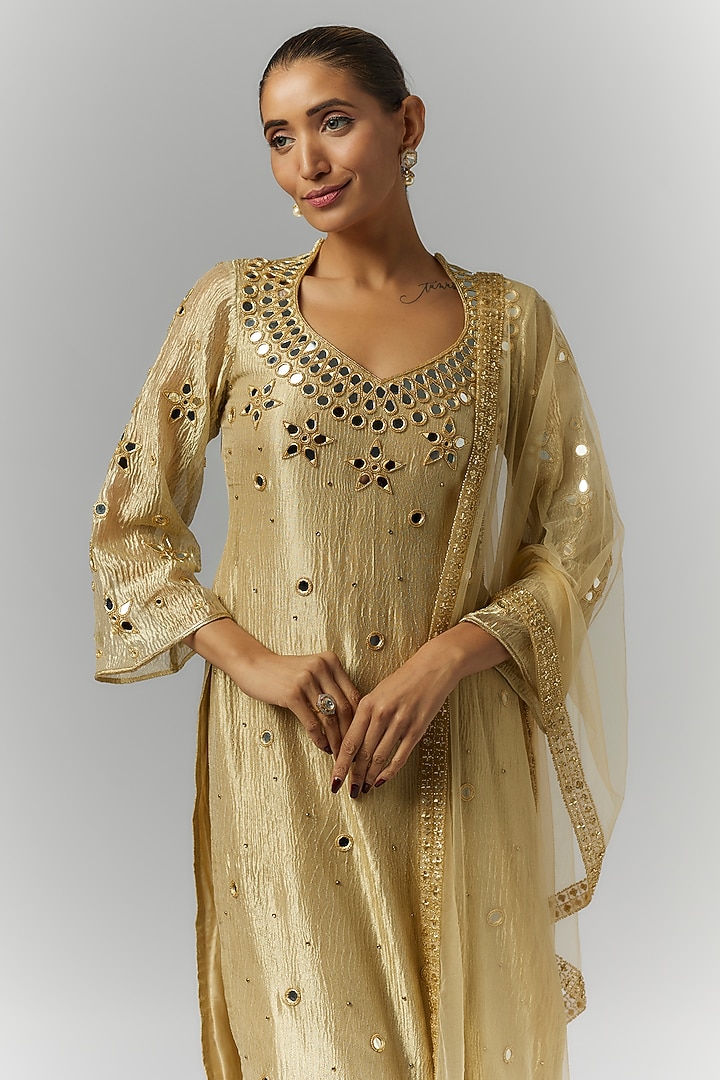 Gold Silk Crush Tissue Mirror Embroidered Kurta Set by Essay by Sumedha Agrawal at Pernia's Pop Up Shop