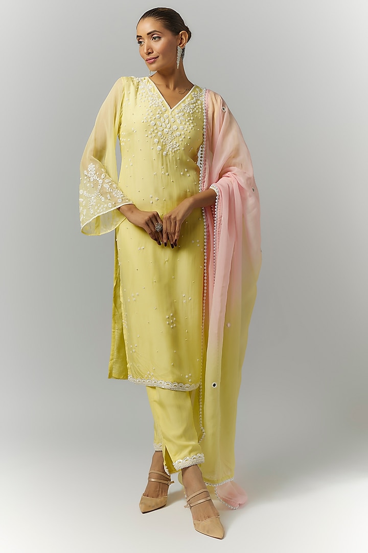 Yellow Organza Mirror Embroidered Kurta Set by Essay by Sumedha Agrawal at Pernia's Pop Up Shop