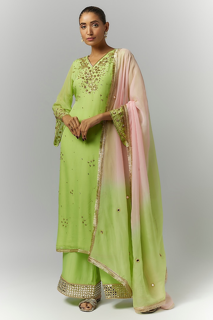 Green Organza Mirror Embroidered Kurta Set by Essay by Sumedha Agrawal at Pernia's Pop Up Shop