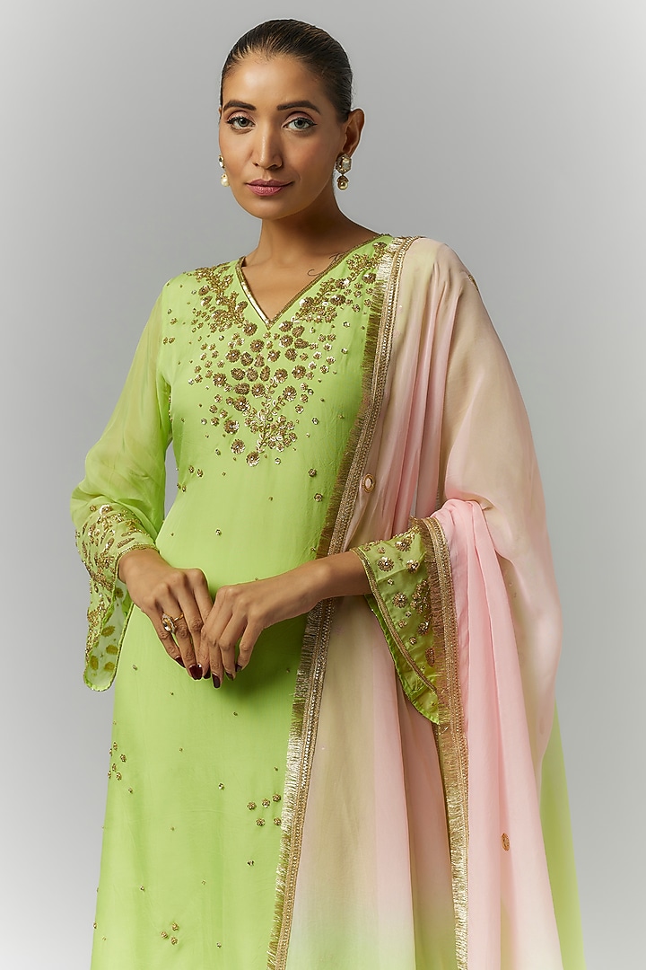 Green Organza Mirror Embroidered Kurta Set by Essay by Sumedha Agrawal at Pernia's Pop Up Shop