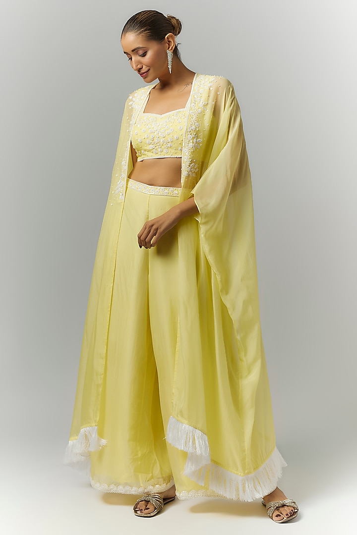 Yellow Organza Sequins Embroidered Cape Set by Essay by Sumedha Agrawal at Pernia's Pop Up Shop