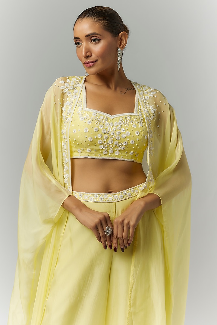 Yellow Organza Sequins Embroidered Cape Set by Essay by Sumedha Agrawal at Pernia's Pop Up Shop