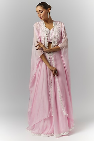 Lilac Organza Sequins & Pearl Embroidered Jacket Lehenga Set by Essay by Sumedha Agrawal