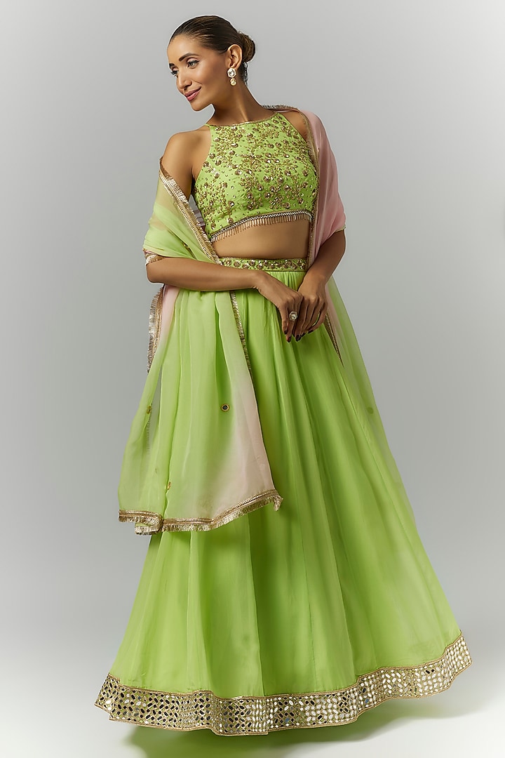 Green Organza Mirror & Sequins Embroidered Lehenga Set by Essay by Sumedha Agrawal at Pernia's Pop Up Shop