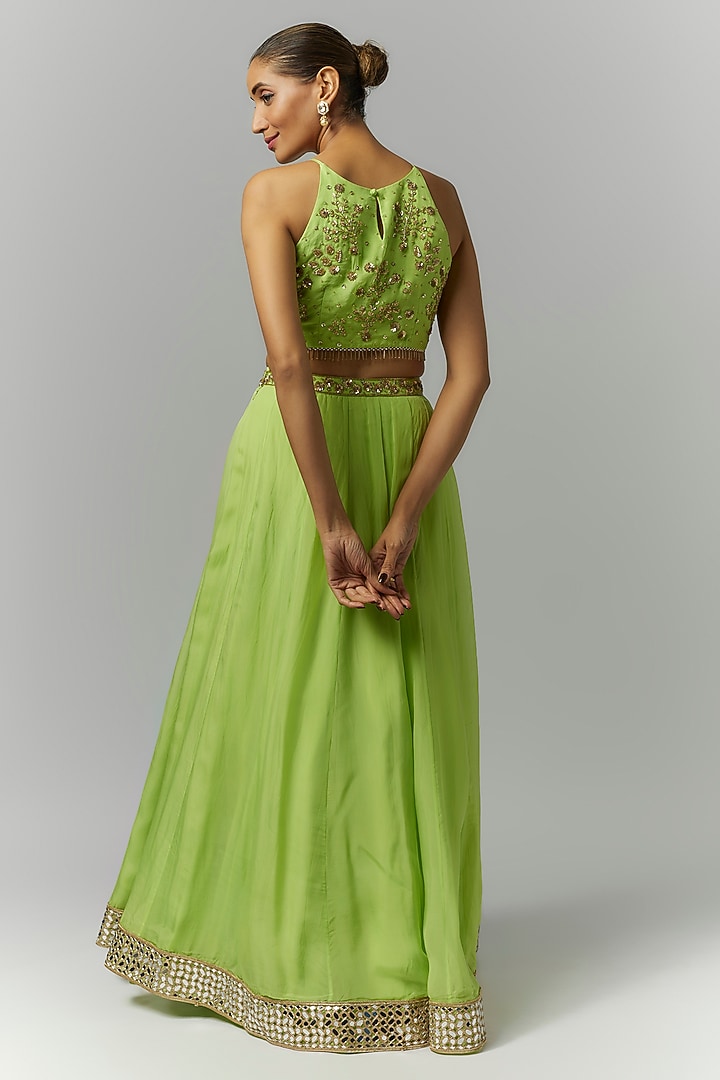 Green Organza Mirror & Sequins Embroidered Lehenga Set by Essay by Sumedha Agrawal at Pernia's Pop Up Shop