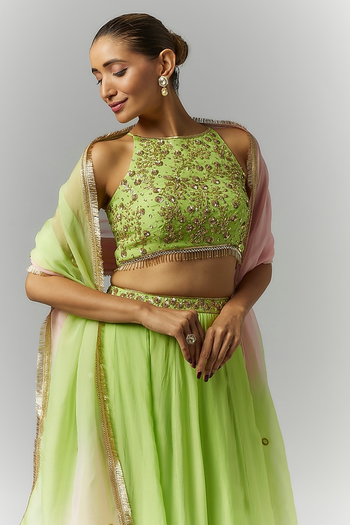 Green Organza Mirror & Sequins Embroidered Lehenga Set by Essay by Sumedha Agrawal at Pernia's Pop Up Shop