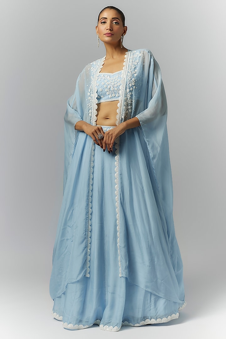 Ice Blue Organza Sequins & Pearl Embroidered Jacket Lehenga Set by Essay by Sumedha Agrawal at Pernia's Pop Up Shop