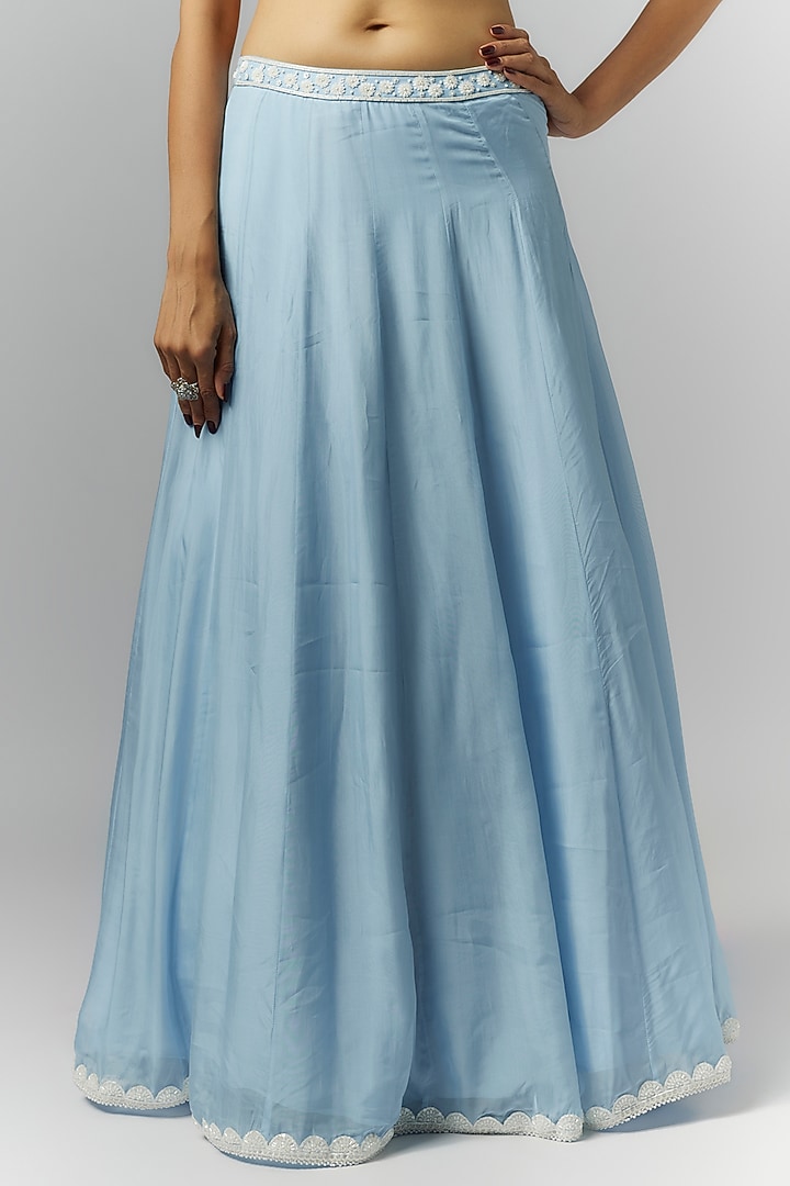 Ice Blue Organza Sequins & Pearl Embroidered Jacket Wedding Lehenga Set by Essay by Sumedha Agrawal at Pernia's Pop Up Shop