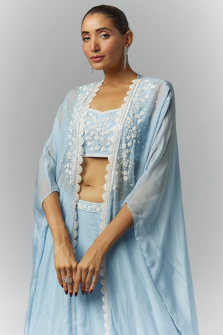 Ice Blue Organza Sequins & Pearl Embroidered Jacket Wedding Lehenga Set by Essay by Sumedha Agrawal at Pernia's Pop Up Shop