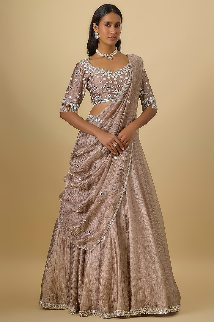 Silver Crushed Tissue Silk Hand Embroidered Wedding Lehenga Set by Essay by Sumedha Agrawal at Pernia's Pop Up Shop