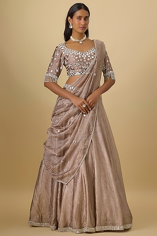 Silver Crushed Tissue Silk Hand Embroidered Lehenga Set by Essay by Sumedha Agrawal