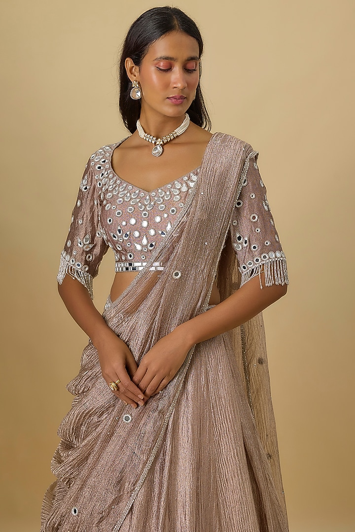 Silver Crushed Tissue Silk Hand Embroidered Wedding Lehenga Set by Essay by Sumedha Agrawal at Pernia's Pop Up Shop