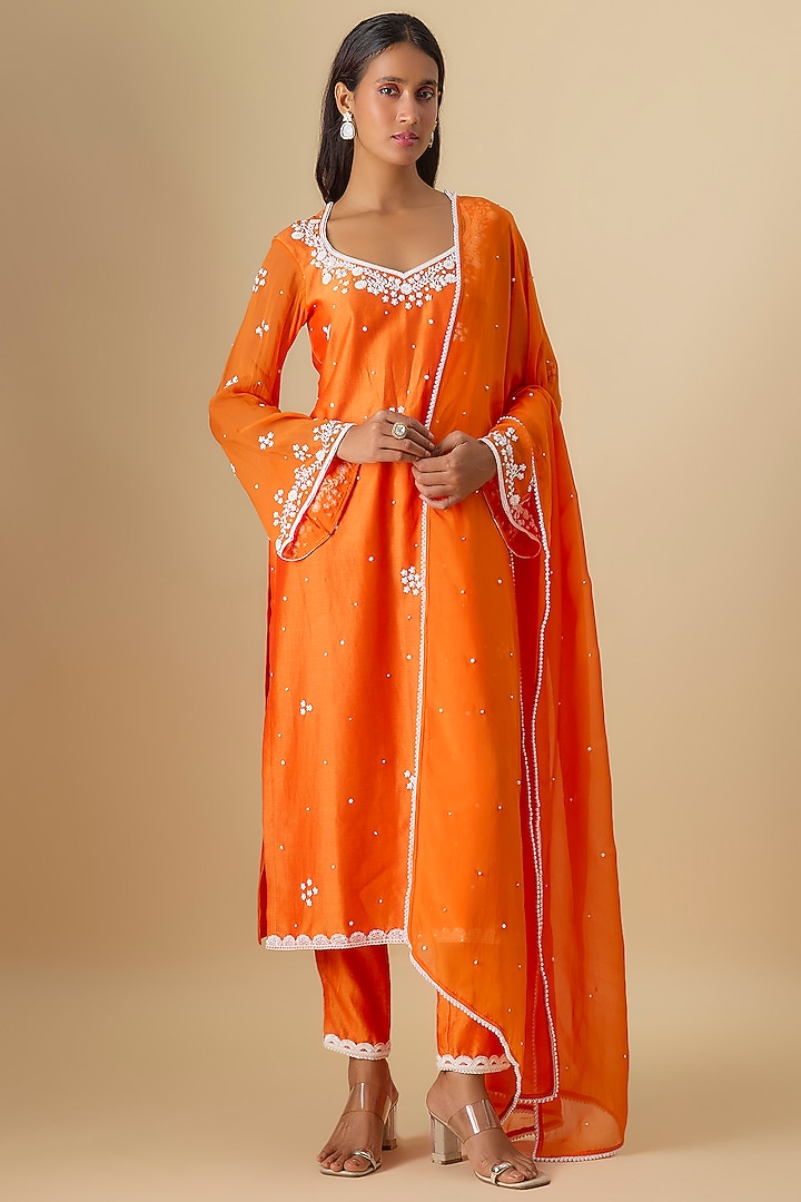 Orange Silk Chanderi Pearl Hand Embroidered Kurta Set by Essay by Sumedha Agrawal at Pernia's Pop Up Shop