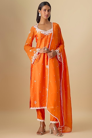Orange Silk Chanderi Pearl Hand Embroidered Kurta Set by Essay by Sumedha Agrawal
