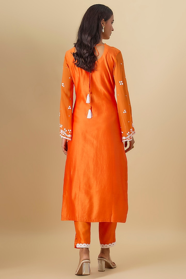 Orange Silk Chanderi Pearl Hand Embroidered Kurta Set by Essay by Sumedha Agrawal at Pernia's Pop Up Shop