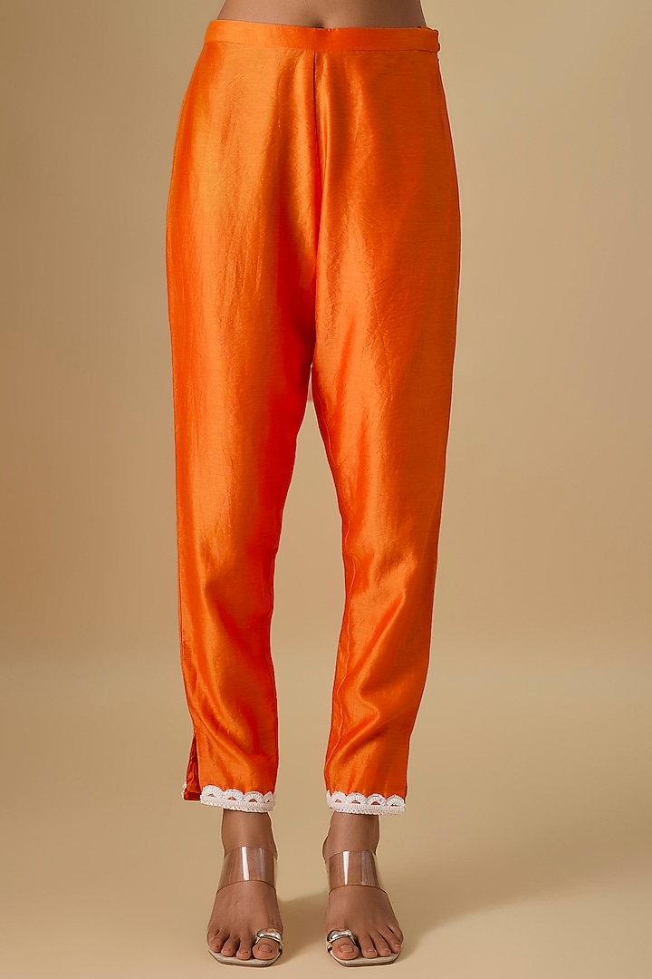 Orange Silk Chanderi Pearl Hand Embroidered Kurta Set by Essay by Sumedha Agrawal at Pernia's Pop Up Shop