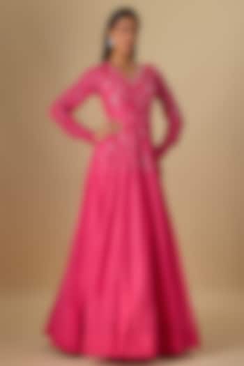 Pink Crushed Tissue Silk Hand Embroidered Wedding Anarkali by Essay by Sumedha Agrawal at Pernia's Pop Up Shop