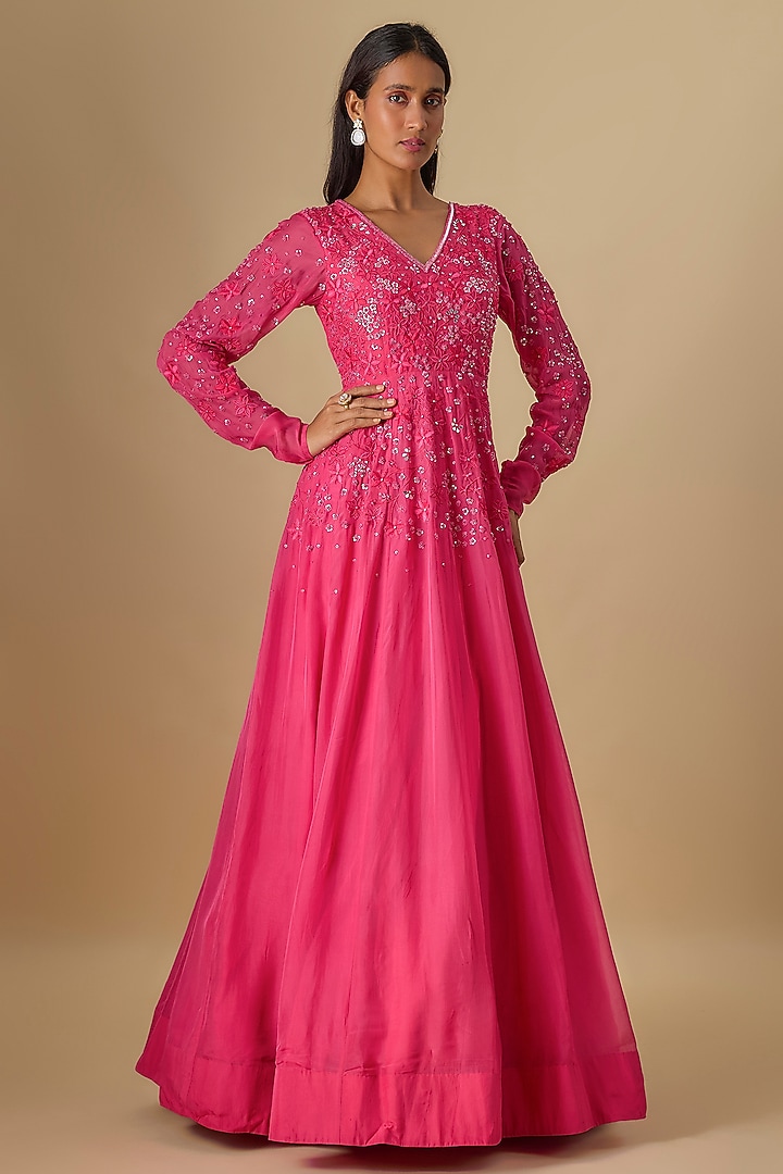 Pink Crushed Tissue Silk Hand Embroidered Wedding Anarkali by Essay by Sumedha Agrawal at Pernia's Pop Up Shop