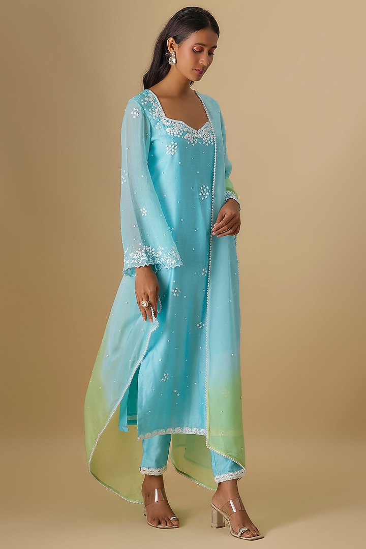 Blue Silk Chanderi Pearl Hand Embroidered Kurta Set by Essay by Sumedha Agrawal at Pernia's Pop Up Shop
