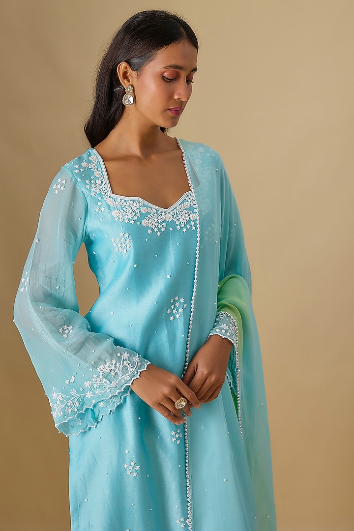 Blue Silk Chanderi Pearl Hand Embroidered Kurta Set by Essay by Sumedha Agrawal at Pernia's Pop Up Shop